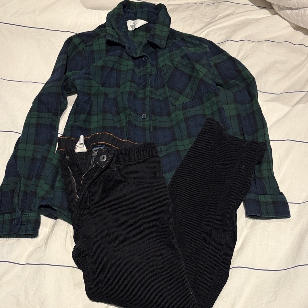 H&M boys size 9/10 green and Blue flannel Plaid Shirt with Black corduroy Pants
